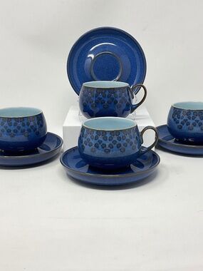 4 Denby Midnight (retired) Stoneware Teacup & Saucer Set